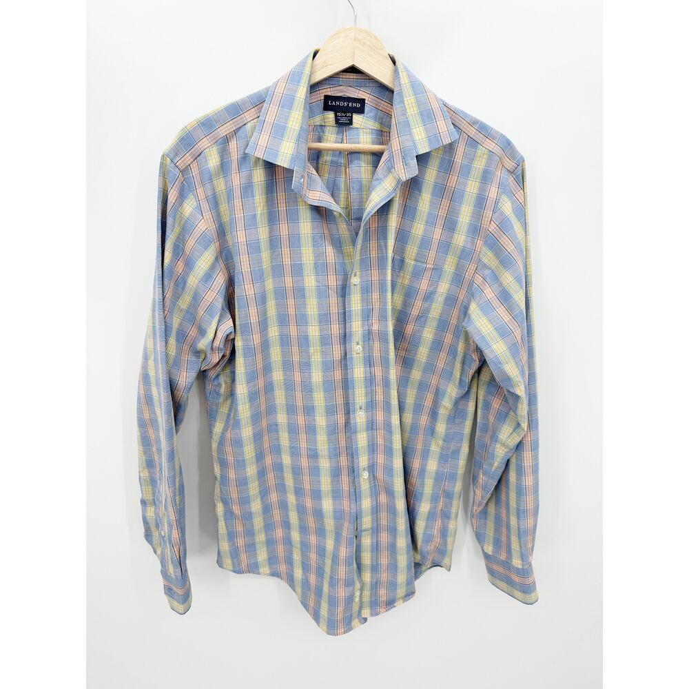 Lands' End Mens Blue Orange Plaid‎ Dress Shirt 15.5 35 Tailored Fit Cotton BV12
